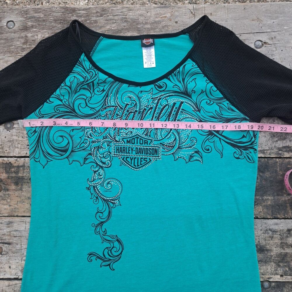 Harley-Davidson Womens XL Teal Blue Black Mesh Half Sleeve Top HD Gildners MI - Picture 6 of 8